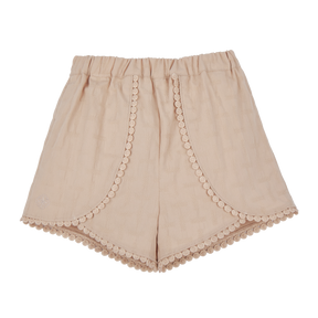 <tc>Khaki baby culottes with embroidered coin motif</tc>