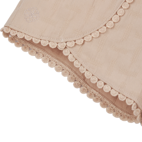 <tc>Khaki baby culottes with embroidered coin motif</tc>