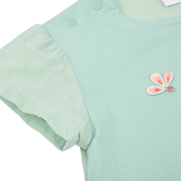 <tc>Lake green baby top with peacock appliqué</tc>