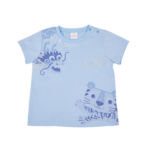 <tc>Blue baby T-shirt with dragon and tiger print</tc>