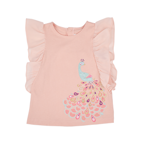 <tc>Light coral kids top with ruffle sleeves and peacock appliqué</tc>