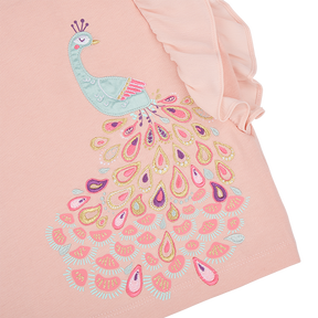 <tc>Light coral kids top with ruffle sleeves and peacock appliqué</tc>