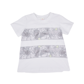 <tc>White kids T-shirt with peacock printed panels</tc>