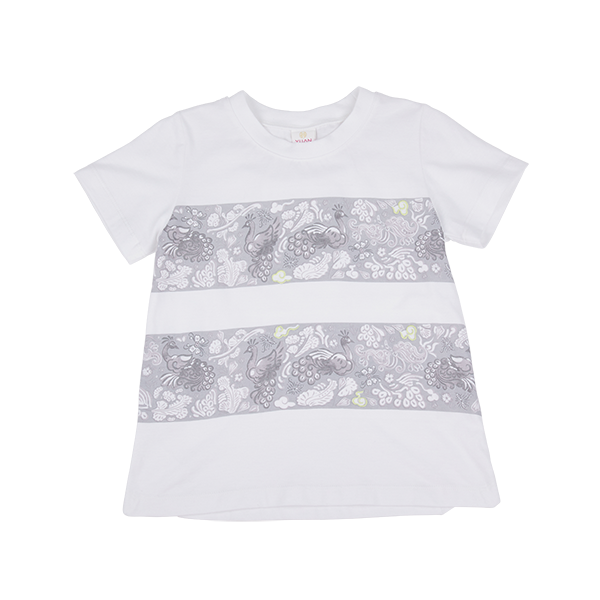 <tc>White kids T-shirt with peacock printed panels</tc>