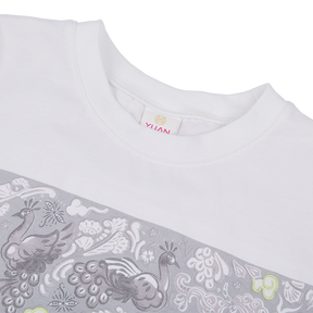 <tc>White adult T-shirt with peacock printed panels</tc>