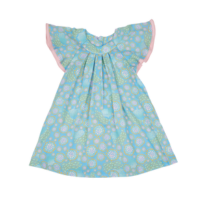 <tc>Celadon kids dress with ruffle sleeves and peacock print</tc>