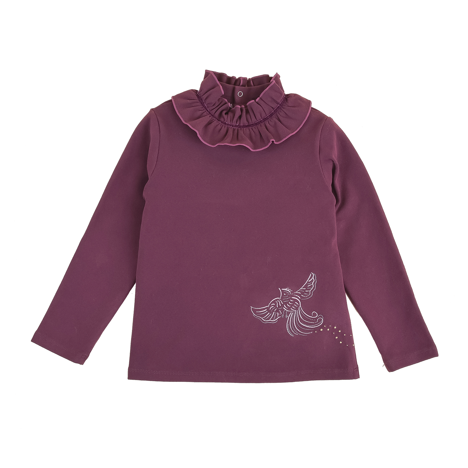 Purple kids ruffled turtleneck with embroidered phoenix