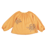 Mustard kids bubble top with gauze overlay and peony motif