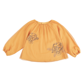 Mustard kids bubble top with gauze overlay and peony motif