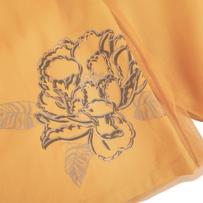 Mustard kids bubble top with gauze overlay and peony motif