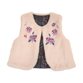 Faux rabbit fur reversible kids vest with embroidered peonies