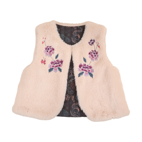 Faux rabbit fur reversible kids vest with embroidered peonies
