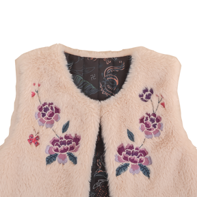 Faux rabbit fur reversible kids vest with embroidered peonies