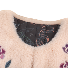 Faux rabbit fur reversible kids vest with embroidered peonies