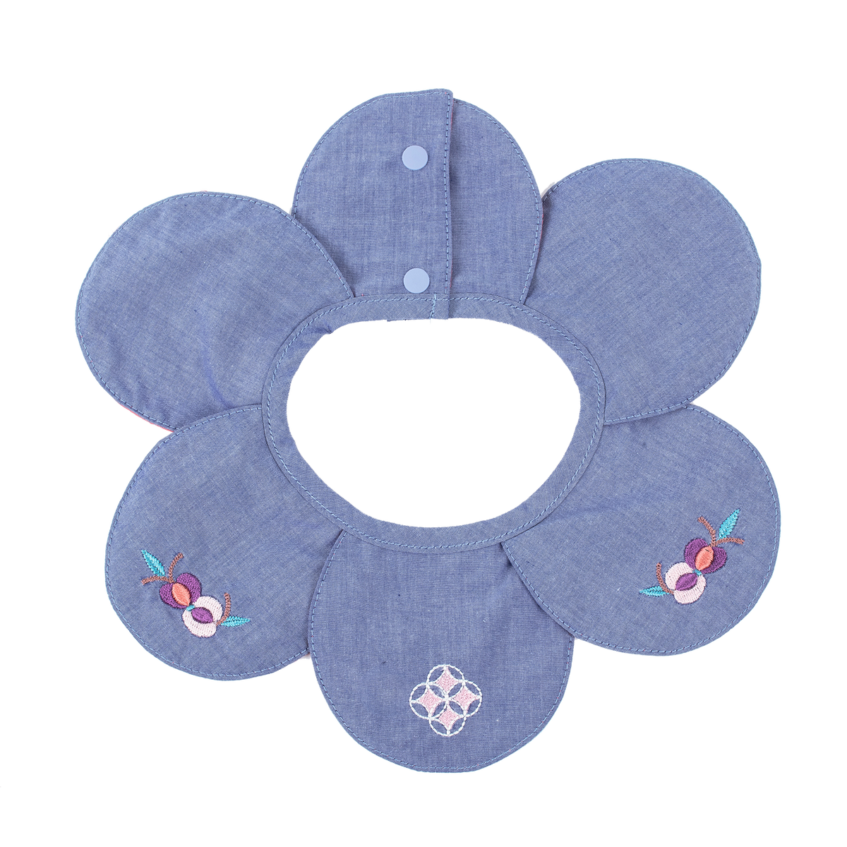 Blue petal shaped baby bib with embroidered pomegranates