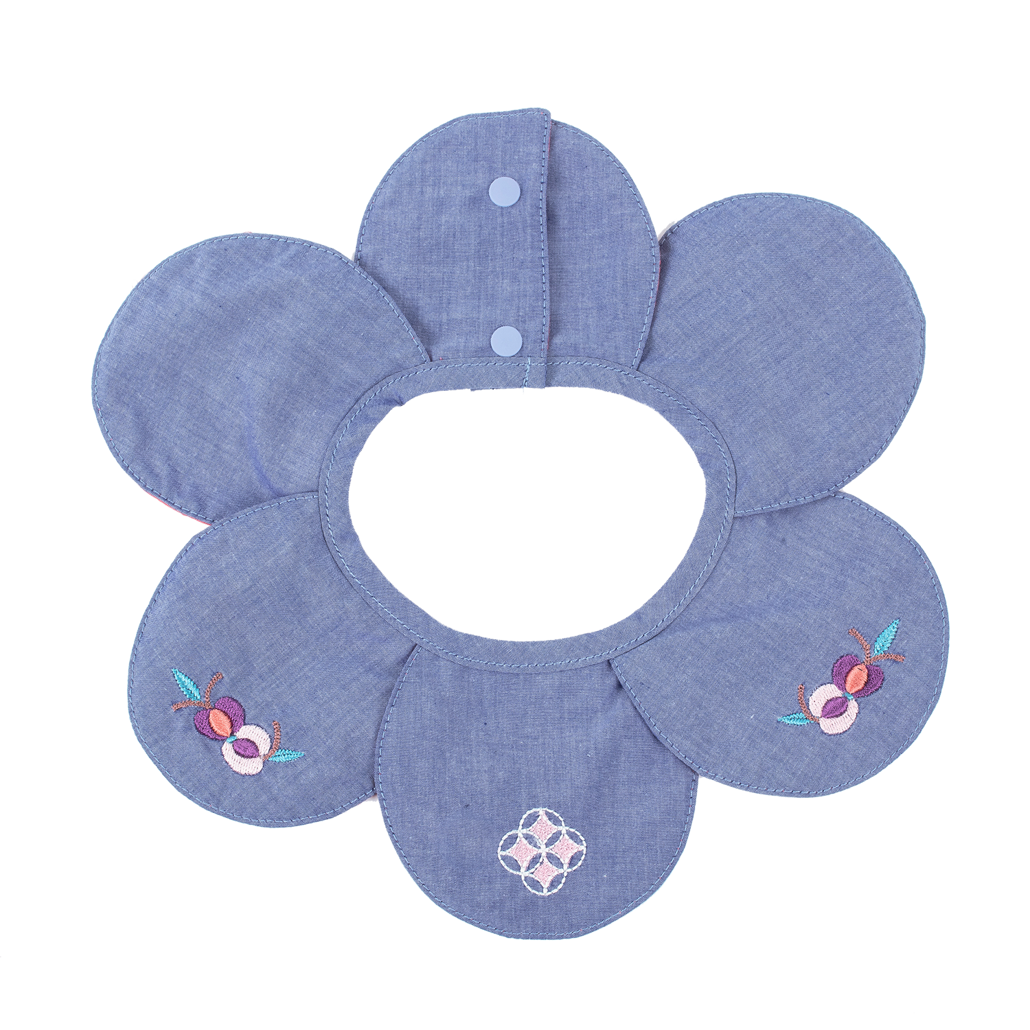 Blue petal shaped baby bib with embroidered pomegranates