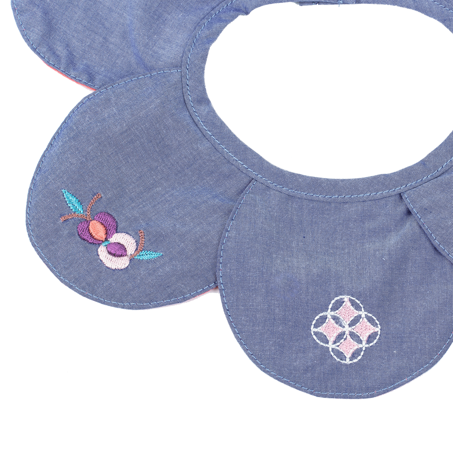 Blue petal shaped baby bib with embroidered pomegranates