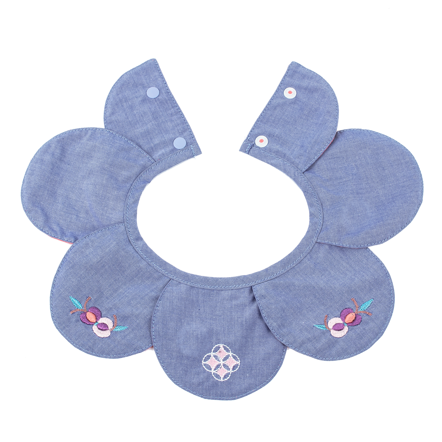 Blue petal shaped baby bib with embroidered pomegranates