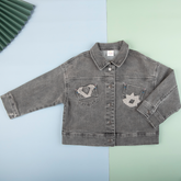 Heather grey kids denim jacket with punch needle embroidered octagonal flower