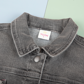 Heather grey kids denim jacket with punch needle embroidered octagonal flower