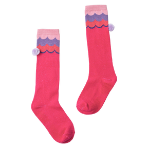 Magenta long baby socks with pom-pom