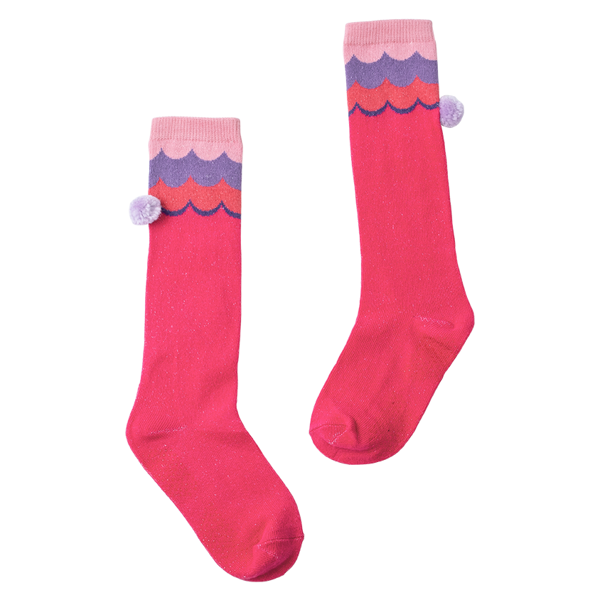 Magenta long baby socks with pom-pom