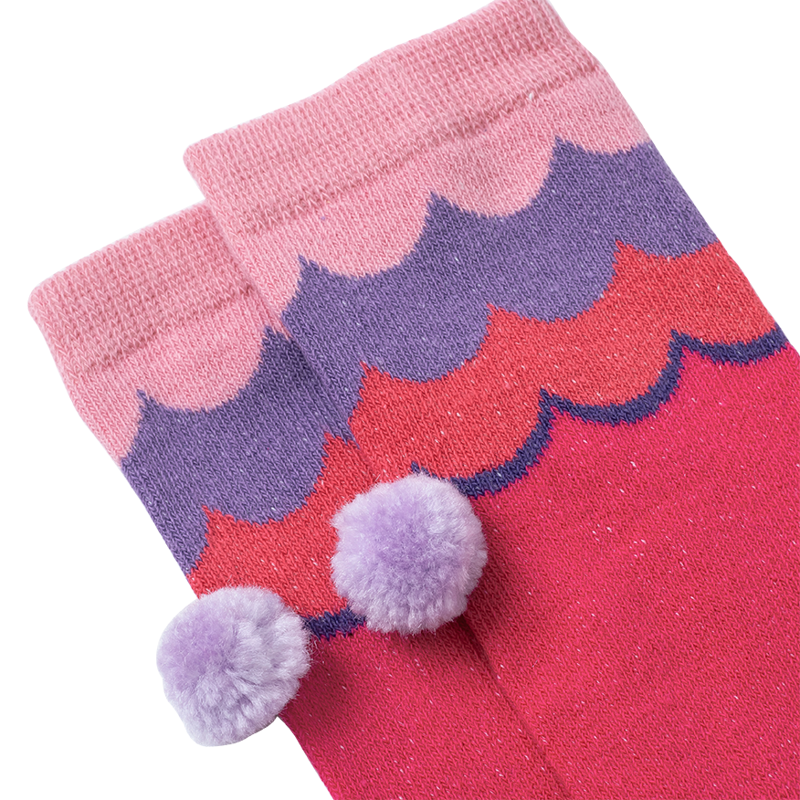 Magenta long baby socks with pom-pom