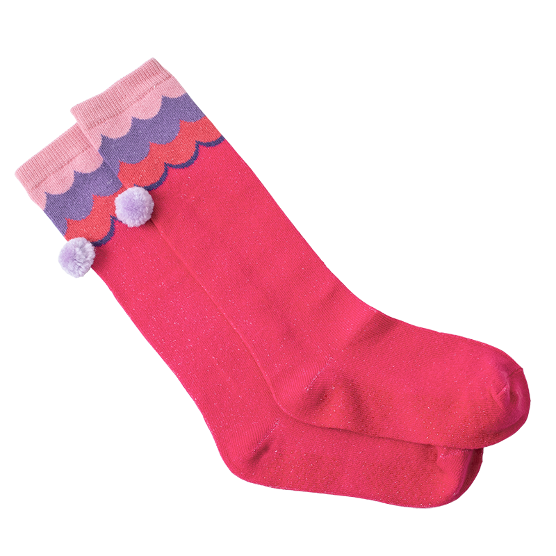 Magenta long baby socks with pom-pom